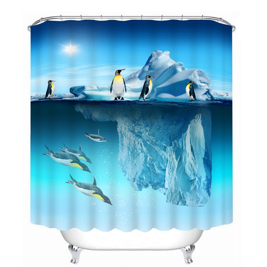 Iceberg and Penguins Printed Decorative Shower Curtain, Antarctica Scenery Polyester Bathroom Curtain