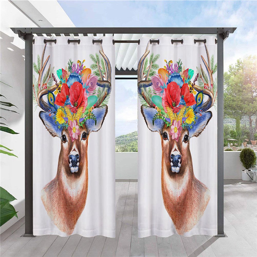 Modern Outdoor Curtains Deer and Flower 3D Animal Pattern Cabana Grommet Top Curtain Waterproof Sun-proof Heat-insulating 2 Panels