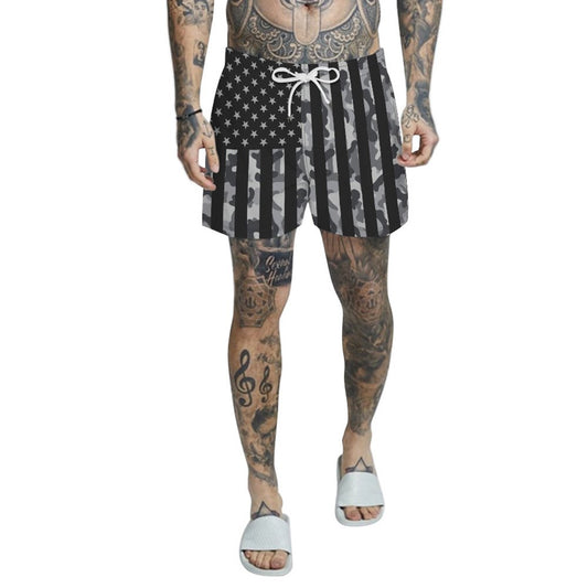 Men's Casual Gray Shorts 3D Printed American Flag Lace-Up Loose Summer Beach Shorts Swimming Trunks