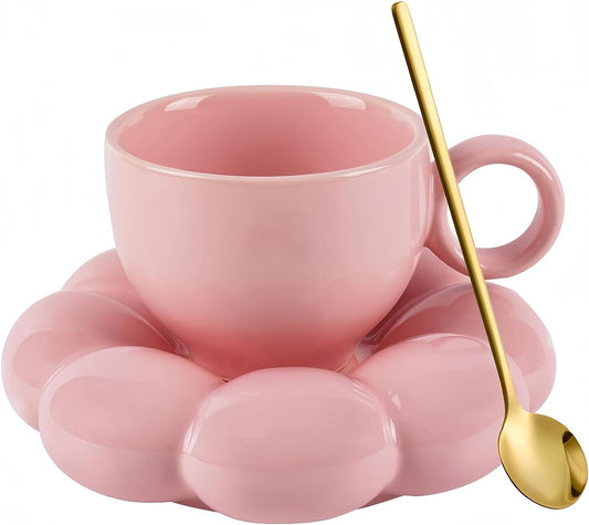 Ceramic Cloud Coffee Mug with Sunflower Coaster, 6.5 Oz Novelty Flower Coffee Mug Set with Saucer and Spoon for Latte Milk Tea