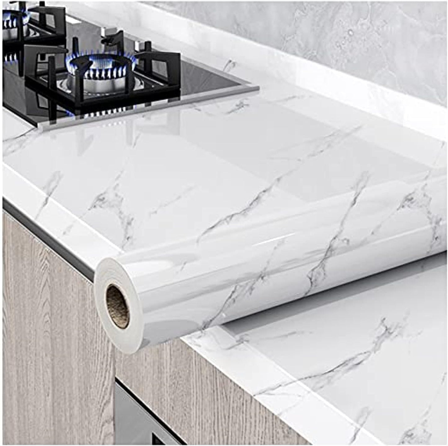 Glossy Marble Wallpaper Granite Gray/White Peel and Stick Self Adhesive Removable Waterproof Countertop Paper for Cabinet Furniture Kitchen Viny Film, 15.8″ ×118″