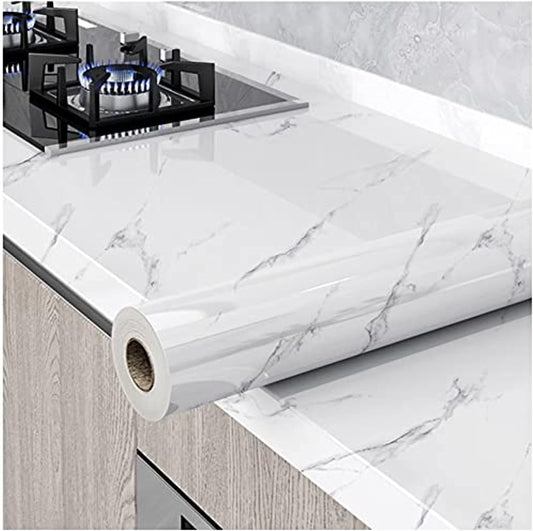 Glossy Marble Wallpaper Granite Gray/White Peel and Stick Self Adhesive Removable Waterproof Countertop Paper for Cabinet Furniture Kitchen Viny Film, 15.8″ ×118″