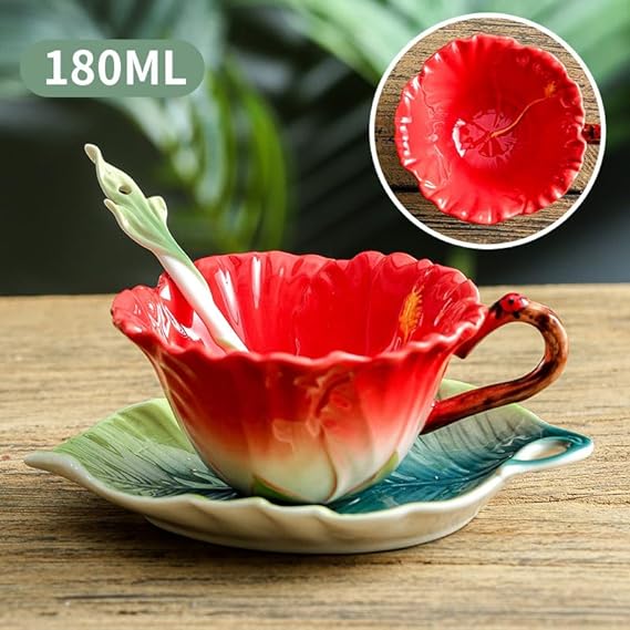 Hibiscus Flower Tea Cup and Saucer Set 6 Oz, Enamel Flower Porcelain Coffee Cup Saucer Set with Spoon for Women, Hand Crafted Tea Set