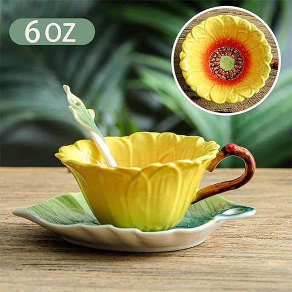 Sunflower Tea Cup and Saucer Set 6 Oz, Enamel Flower Porcelain Coffee Cup Saucer Set with Spoon for Women, Hand Crafted Tea Set