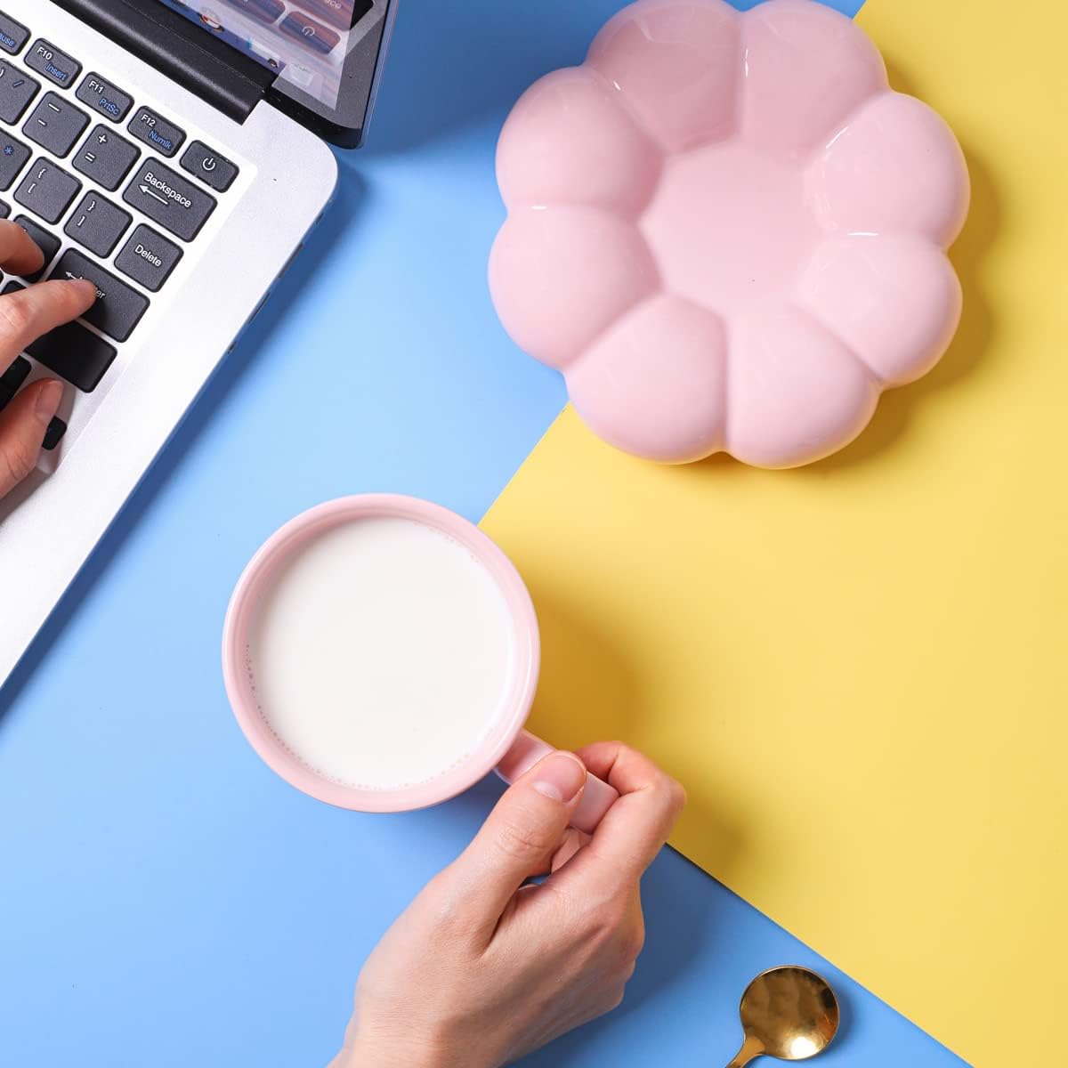 Ceramic Cloud Coffee Mug with Sunflower Coaster, 6.5 Oz Novelty Flower Coffee Mug Set with Saucer and Spoon for Latte Milk Tea