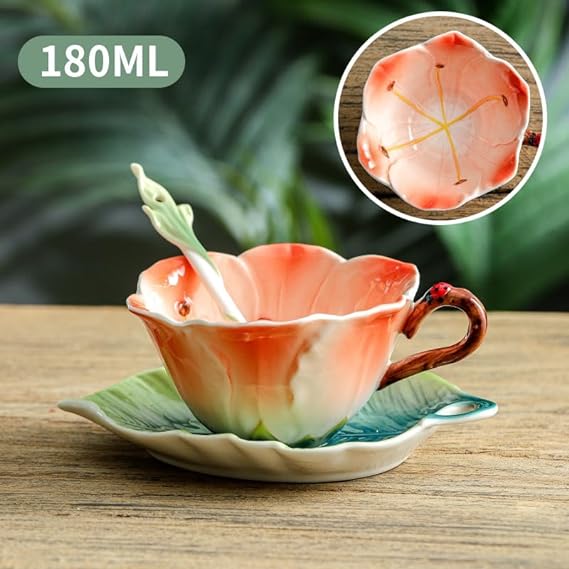 Lily Flower Tea Cup and Saucer Set 6 Oz, Enamel Flower Porcelain Coffee Cup Saucer Set with Spoon for Women, Hand Crafted Tea Set