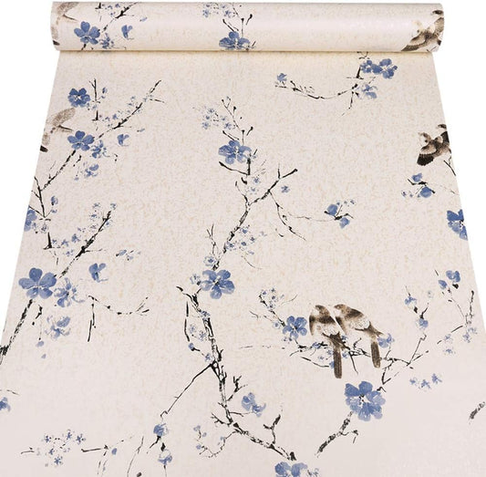 Taogift Peel and Stick Vintage Floral Birds Contact Paper Wallpaper Self Adhesive Shelf Drawer Liner Dresser Decor Sticker (Blue, 17.7x117 Inches)