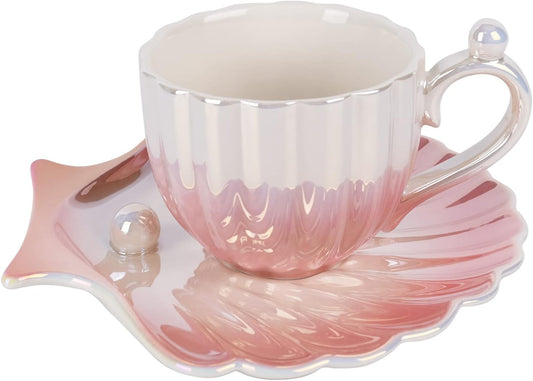 Gradient Color Ceramic Coffee Mug with Saucer, Glossy Pearl Shell Style Tea Cup 6.5 Oz for Tea Latte Milk