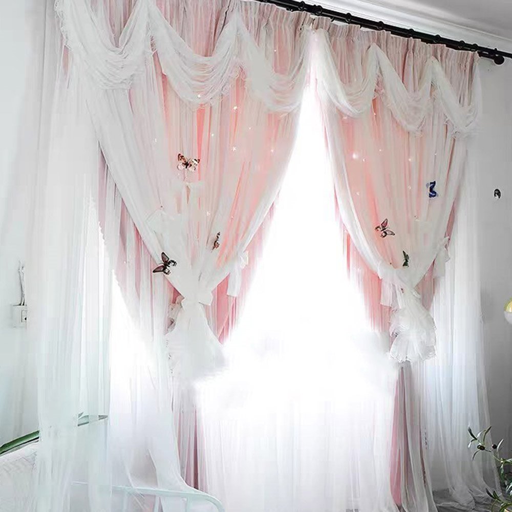 Princess Style Star Hollowed-out Blackout Decorative Curtain Set Cloth and Sheer Sewing Together Custom 2 Panels Drapes for Living Room Bedroom