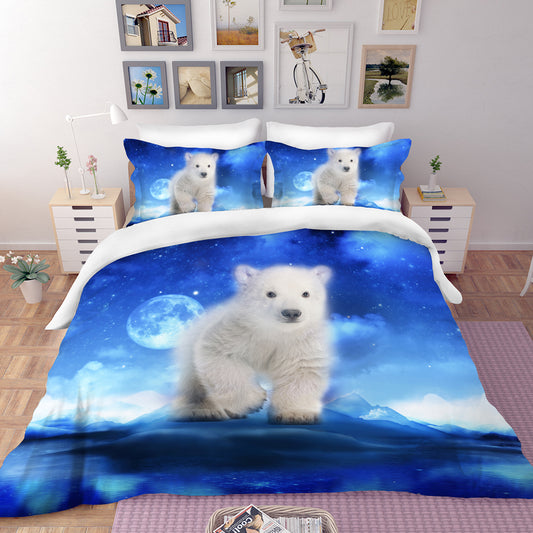 Beddinginn Animal Polar Bear Printed 4 Piece Duvet Cover Set, Microfiber Cute Polar Bear Cub Print Bedding Set