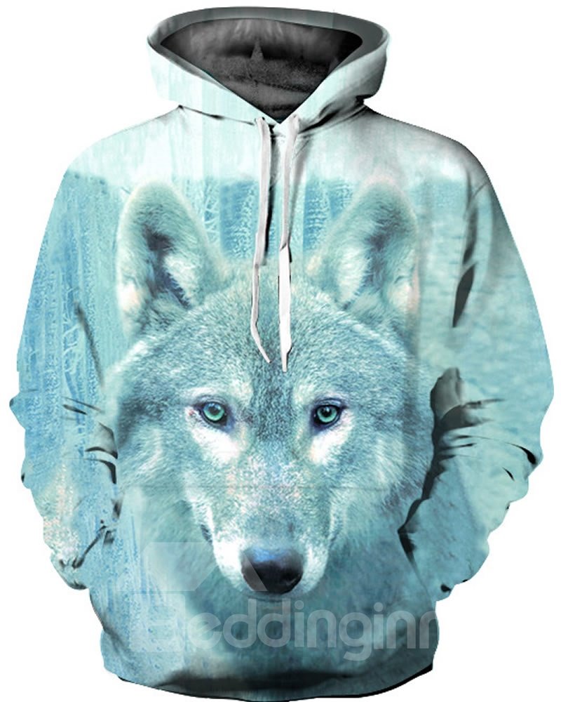 Sudadera con capucha pintada en 3D con patrón de lobo azul de manga larga