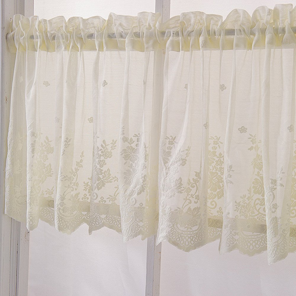 European Lace Floral Window Valance 1Pc Sheer Voile Short Valance for Kitchens Bathrooms Basements & More