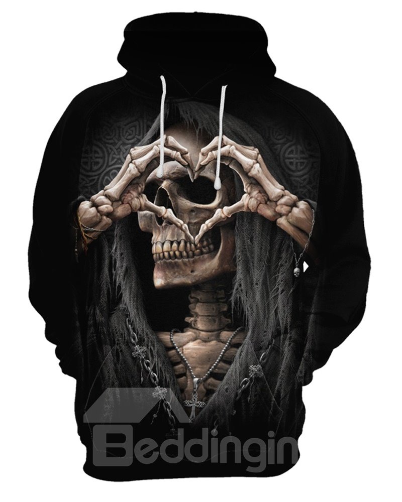 Sudadera con capucha pintada en 3D de poliéster de manga larga con calavera de estilo casual