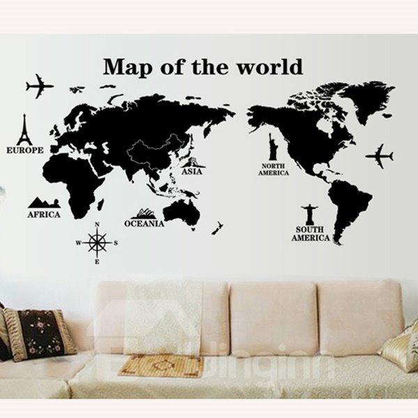 Decorative Black Map of the World Pattern Wall Sticker