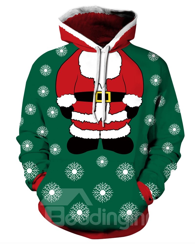 Sudadera con capucha con estampado 3D de manga larga de Papá Noel y copo de nieve navideño