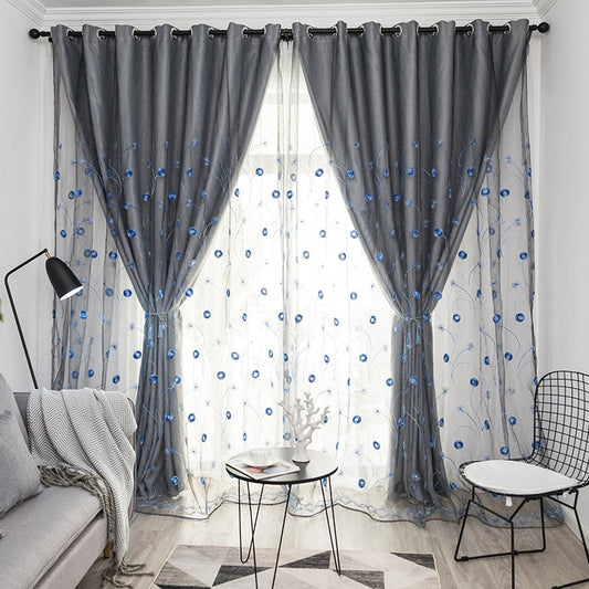 Modern Gray Curtain Sets Sheer and Lining Blackout Curtain for Living Room Bedroom Decoration Blue Plant Pattern No Pilling No Fading No off-lining