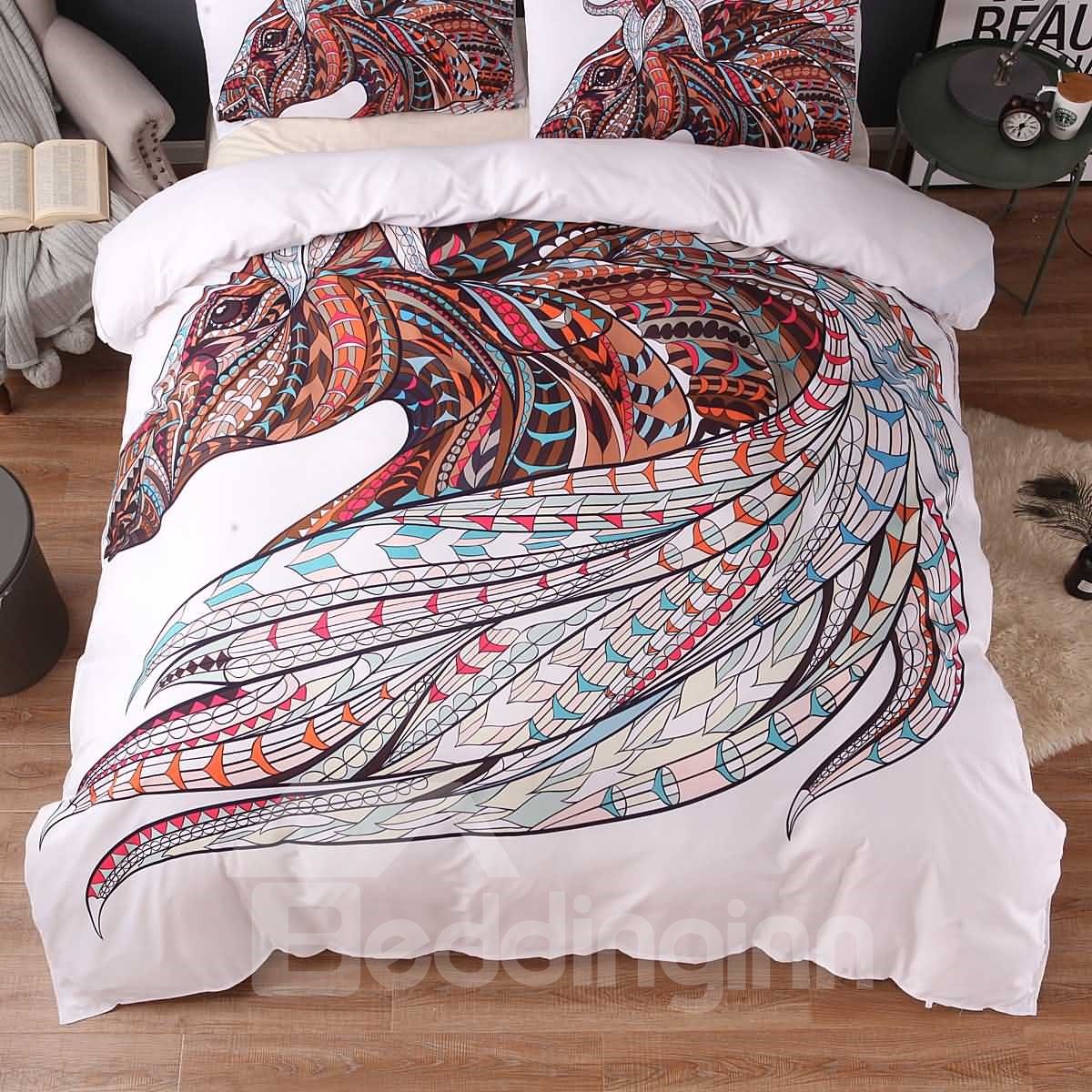 3D Horse Printed Exotic Style Polyester 3-Piece White Bedding Sets