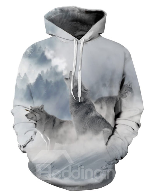 Long Sleeve Wolves Snow Mountain Pattern 3D Painted Hoodie