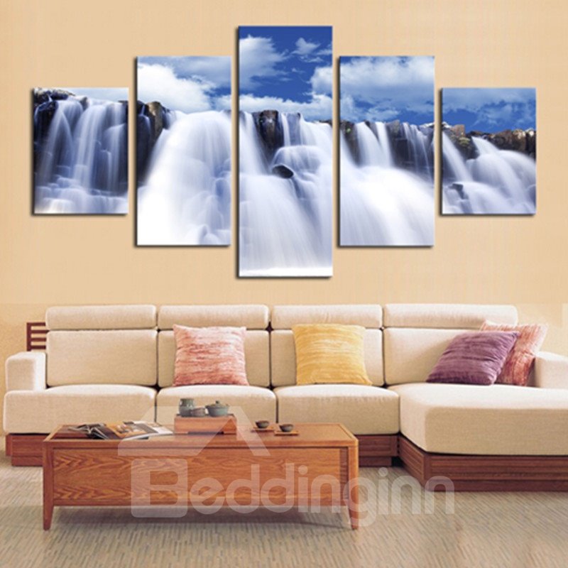 Waterfall and Blue Sky 5-Panel Canvas Hung Non-framed Wall Prints