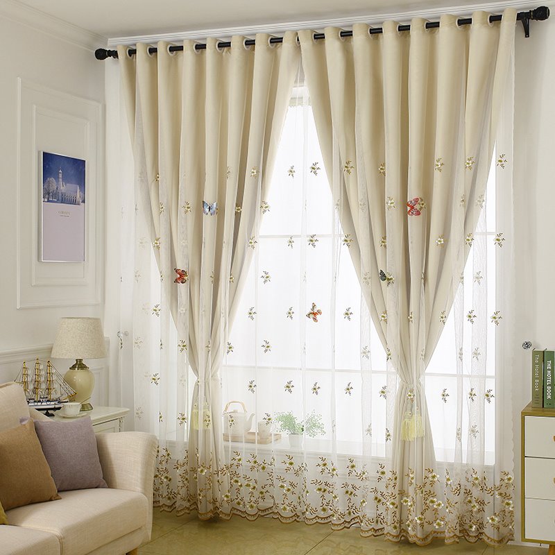Embroidery Blackout and Decorative Cloth and Sheer Sewing Together Beige 2 Panels Curtain