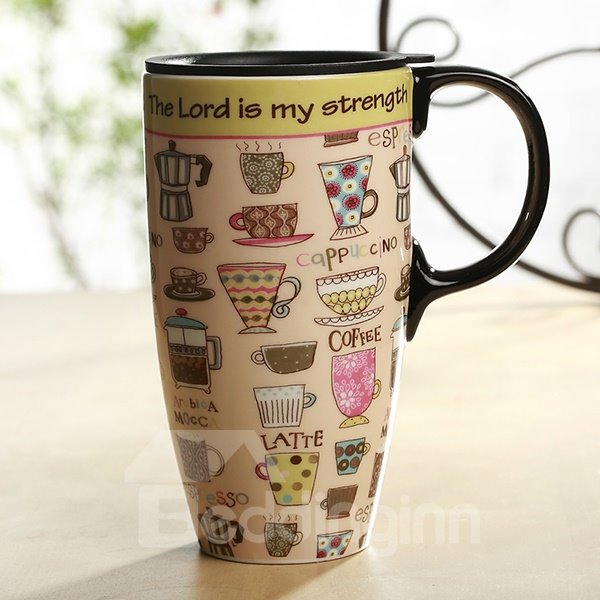 Wonderful Coffee Cup Pattern Ceramic Sealed Lid Tall Coffee Mug Travel Mug