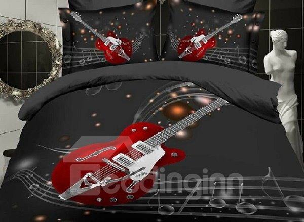 US Only 4-Piece Duvet Cover Set 3D Guitar with Stave Print Bedding Colorfast Wear-resistant Endurable Skin-friendly Ultra-soft Microfiber No-fading Polyester