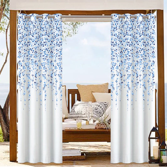 Modern White Outdoor Curtains Blue Print Grommet Top Cabana Curtain Waterproof Sun-proof Heat-insulating 1 Panel