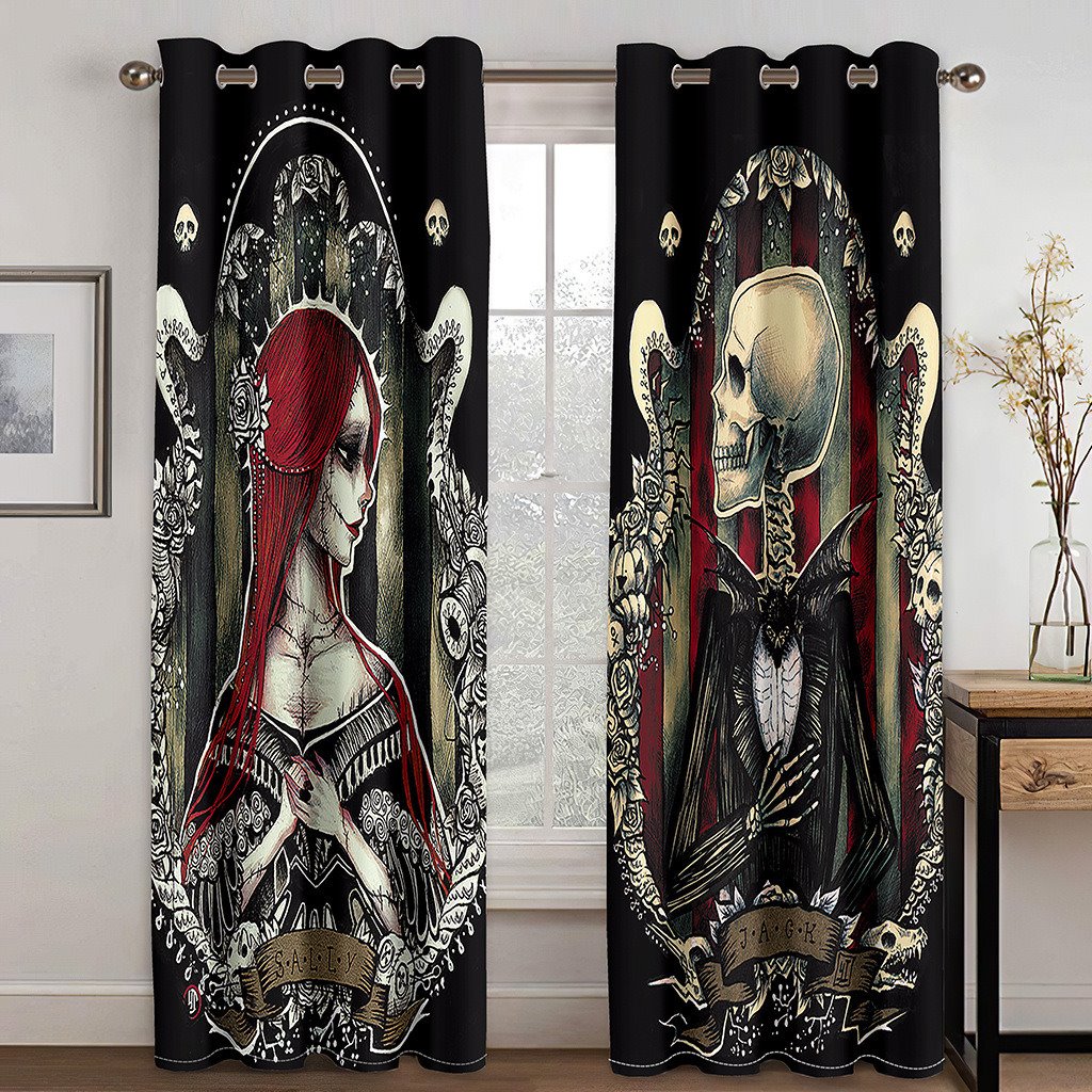 Halloween-Schädel-Paare, 3D-gedruckt, Verdunkelungsdekoration, Fensterschattierungsvorhänge, individuelle 2-Panel-Vorhänge