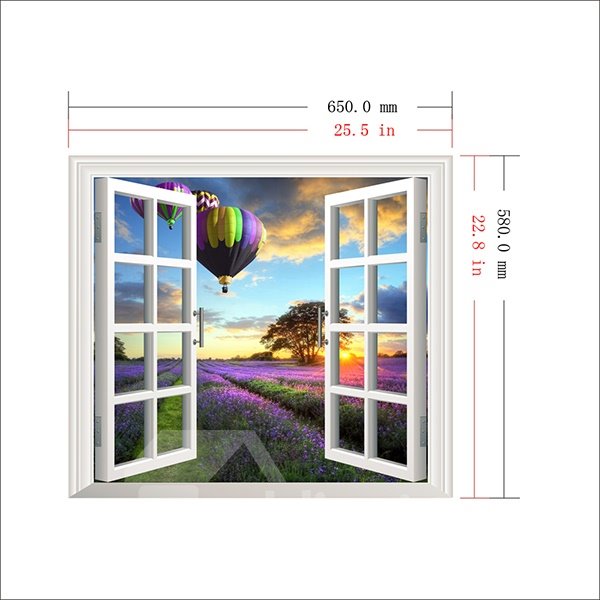 Air Balloons Over Lavender Field Window View Removable 3D Wall Sticker