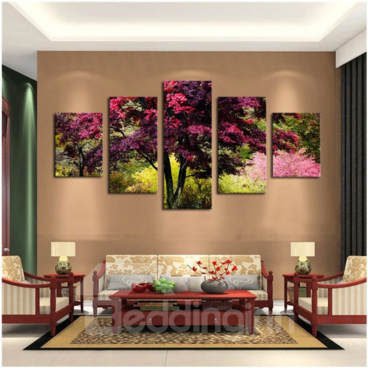Red Leaves and Green Branches 5-Panel Canvas Hanging Non-framed Wall Prints
