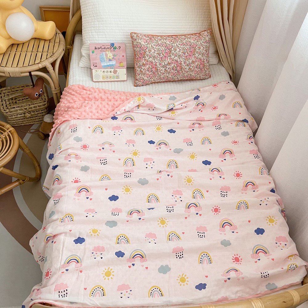 Cute Pink Baby Blanket Cartoon Rainbow Pattern Cotton Flannel Children Blanket