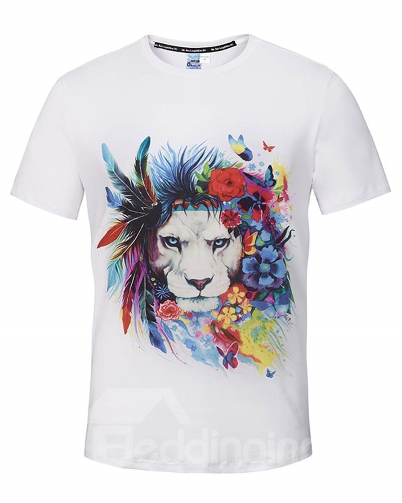 Cute Round Neck Lion with Garland Pattern White 3D Painted T-Shirt
