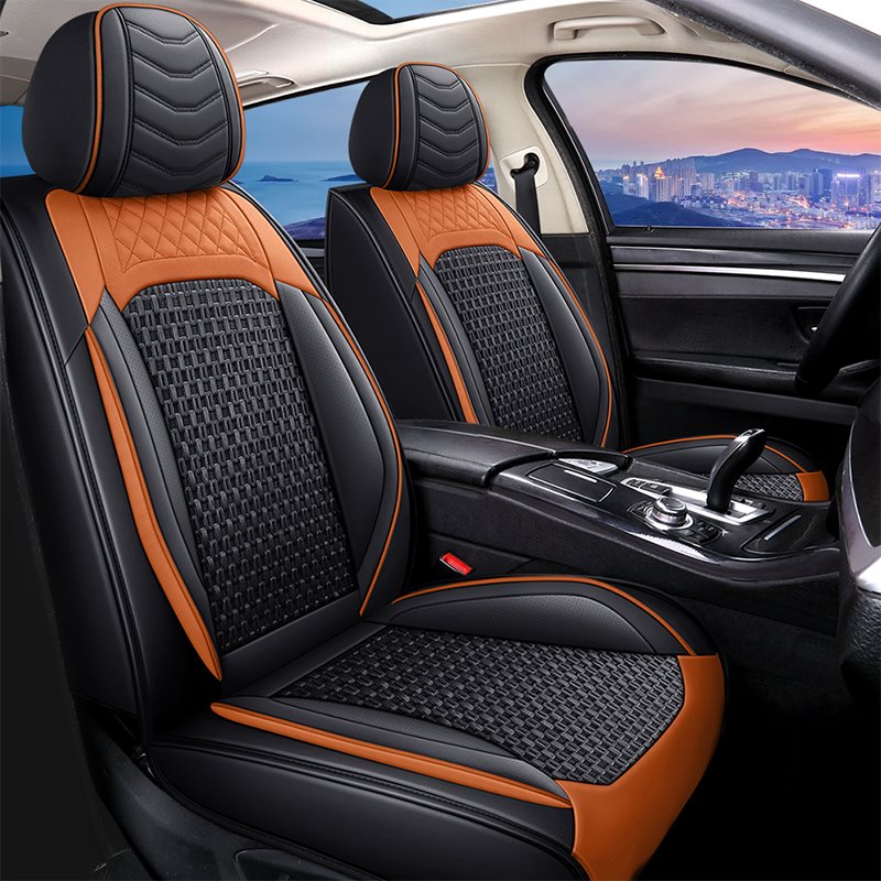 Fashionable Simple Style Wear-resistant Leather and Breathable Cool Ice Silk Without Falling Off 5 Seats Universal Fit Seat Covers Compatible with Airbags
