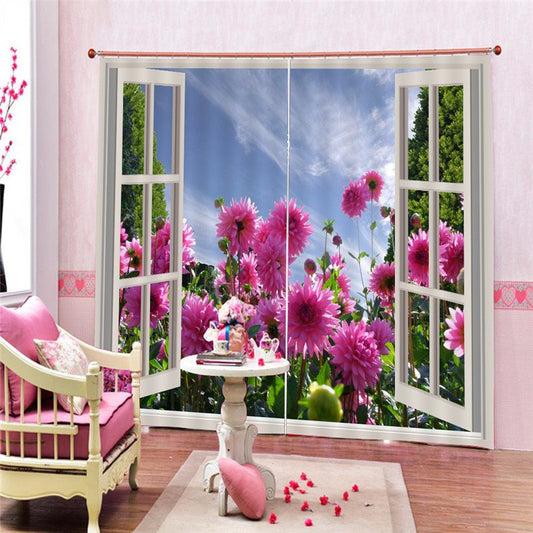 Fake Windows and Pink Flowers Curtains 3D Floral Themed Curtains Drapes 2 Panel Set for Living Room Bedroom Decoration Window