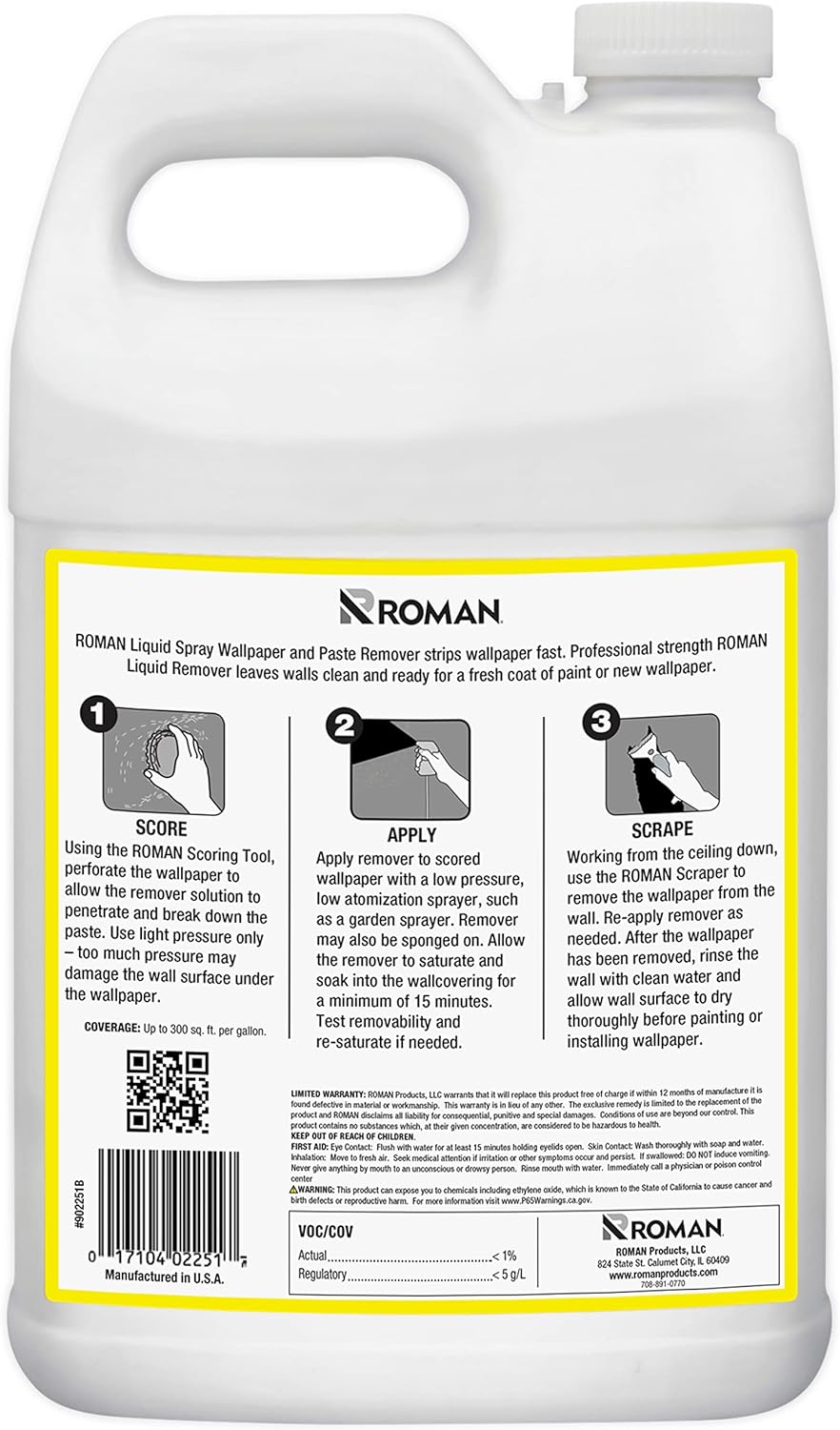 Roman Wallpaper Remover Liquid Spray, Contractor Strength Wallpaper Stripper and Adhesive Remover, Unscented, Non-Staining, Clear, PRO-496 (1 Gallon, 300 Sq. Ft.)