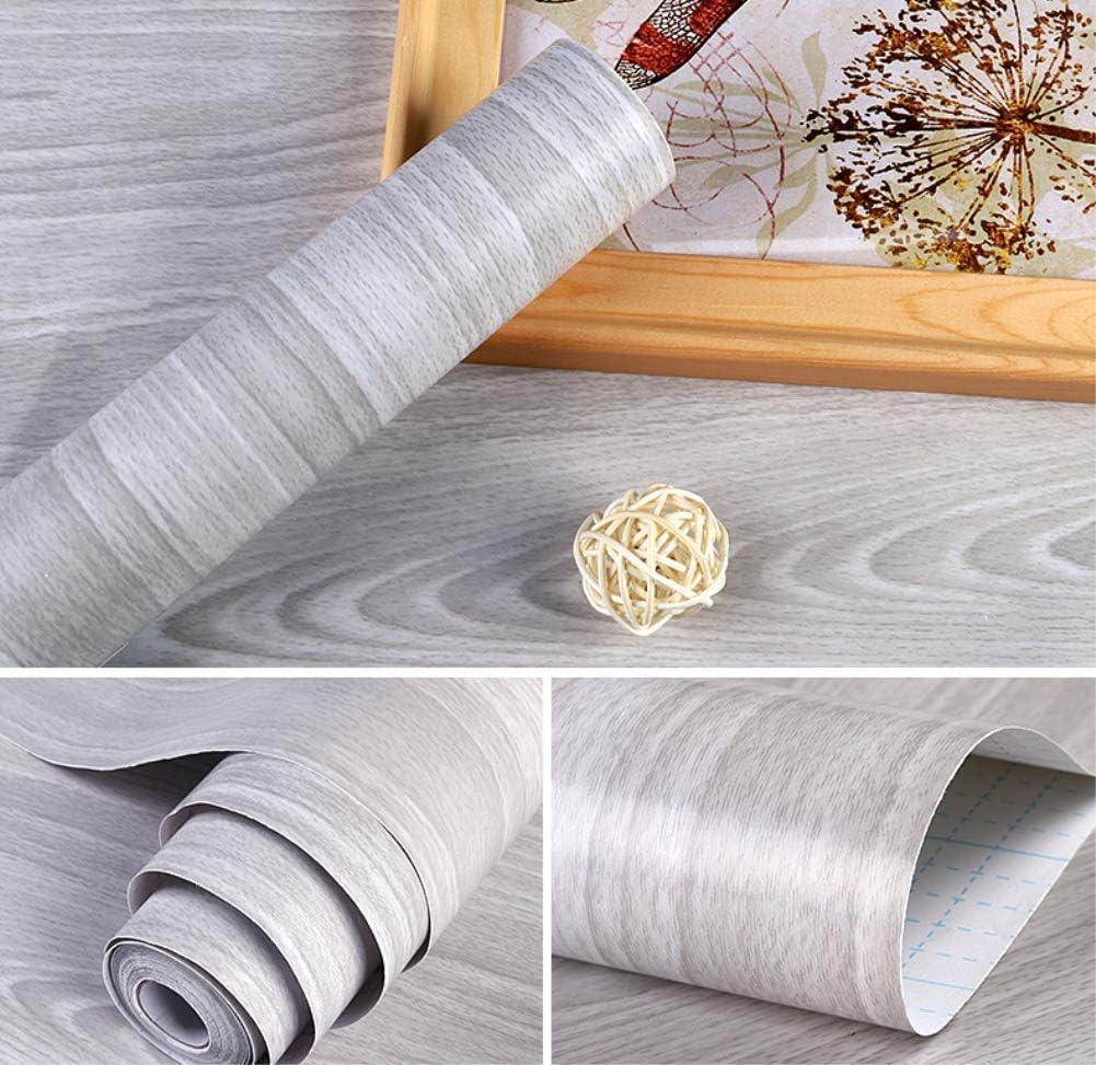 Yija self-Adhesive Thick Light Gray Wood Grain Furniture Stickers PVC Wallpaper cabinets Wardrobe,17.7 inch X 98inch