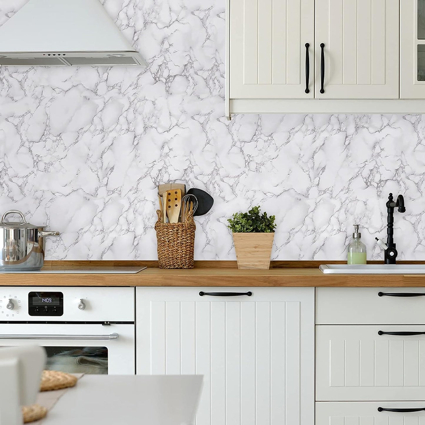 Caltero Marble Contact Paper 15.7" x 118" White Grey Wallpaper Peel and Stick Glossy Marble Self Adhesive Contact Paper for Countertop Kitchen Cabinets Bathroom