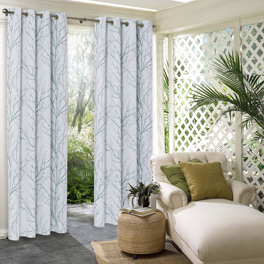 Modern White Outdoor Curtains Simple Branch Pattern Grommet Top Cabana Curtain Waterproof Sun-proof Heat-insulating 1 Panel