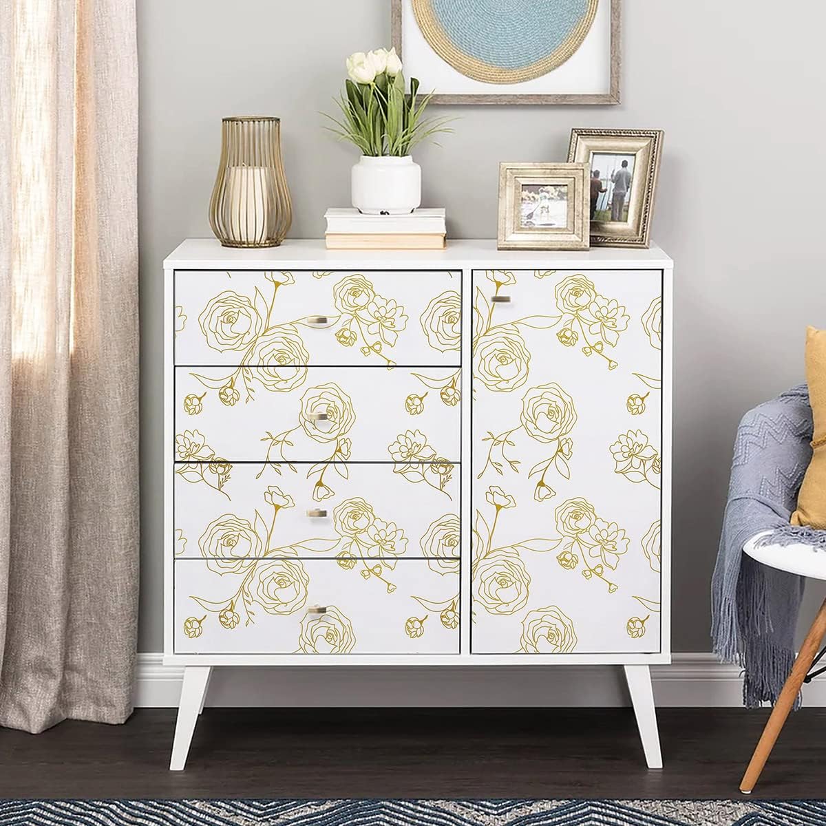 Safiyya Contact Paper Floral Wallpaper Gold and White Contact Paper Peel and Stick Wallpaper Boho Flower Contact Paper for Cabinets Covering Vinyl Rolls 78.7"x17.3"