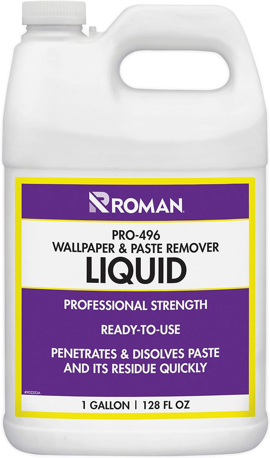 Roman Wallpaper Remover Liquid, Contractor Strength Wallpaper Stripper and Adhesive Remover, Unscented, Non-Staining, Clear, PRO-496 (1 Gallon, 300 Sq. Ft.)