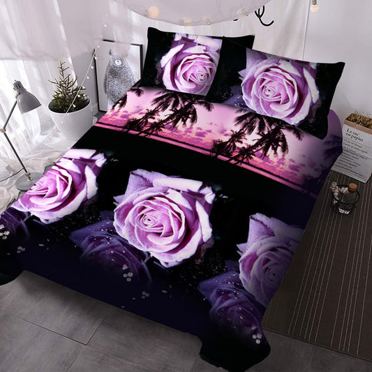 Purple Roses and Palm Trees 3Pcs Comforter Set 3D Floral Bedding Set Comforter with 2 Pillowcases Microfiber No-Fading