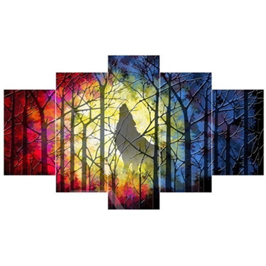 Wolf Roaring in Forest Hanging 5-Piece Canvas Non-framed Wall Prints
