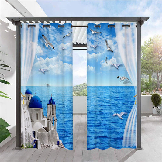 Modern 3D Scenery Outdoor Curtains Blue Sea and Castle Grommet Top Cabana Curtain Waterproof Sun-proof Heat-insulating Polyester 2 Panels