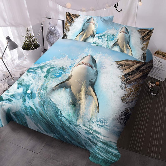3D Shark Print Bedding 3 PCS Comforter Set High-Quality Microfiber No-Fading Soft Lightweight Comforter with 2 Pillowcases Blue