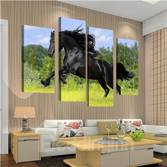 Black Horse Jumping on Green Grassland Hanging 4-Piece Canvas Waterproof Non-framed Prints