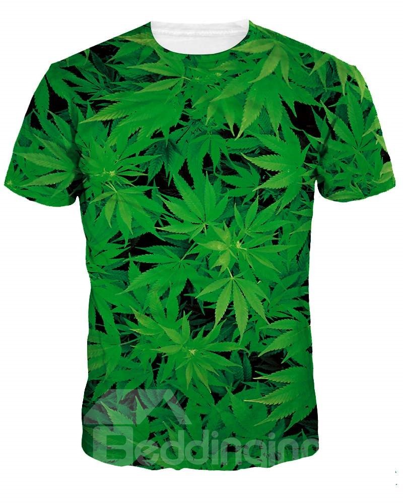 Round Neck Leaves Pattern Green 3D Painted T-Shirt