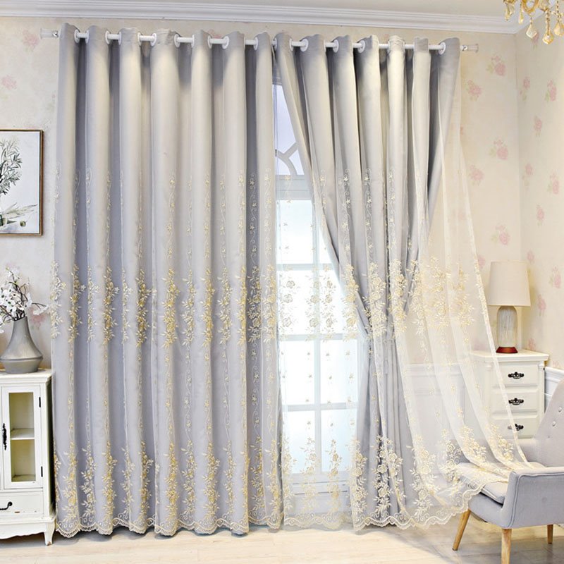 European Floral Rose Embroidery Curtain Sets Sheer and Lining Blackout Curtains Full Shading Double Curtains for Living Room Bedroom Decoration Ultraviolet-Proof No Pilling No Fading No off-lining