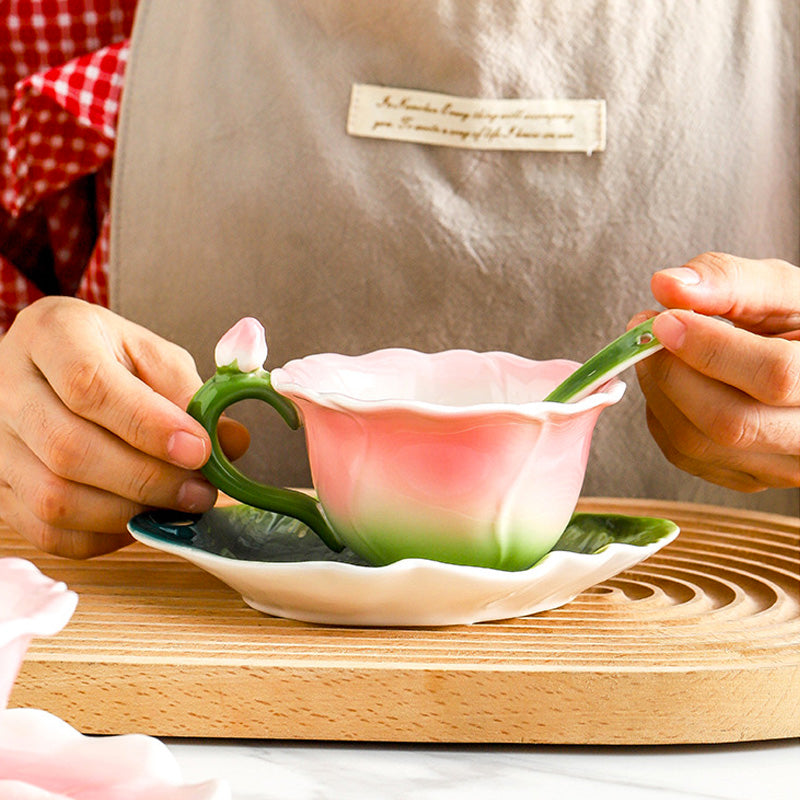 Beddinginn 6 Oz Pink Rose Floral Teacup and Saucer Set for Valentine's Day, Mother's Day, Christmas Gift