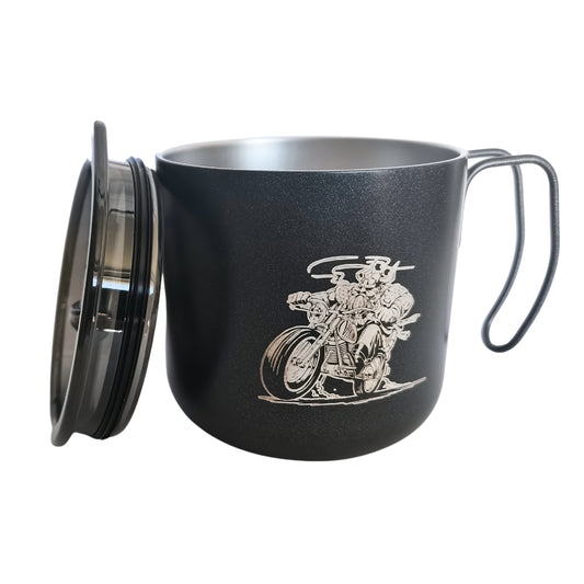Viking Rider Insulated Coffee Cup 12 Oz with Slider Lid and Wire Handle, Norse Stainless Steel Double Wall Thermal Travel Cup for Motorcycle Rider Biker