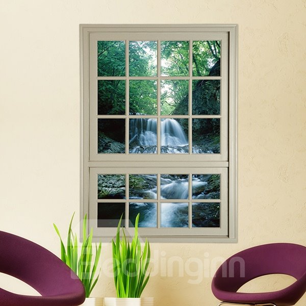 Natural Scenery 3D Window View Waterfall in Forest 3D Wall Sticker